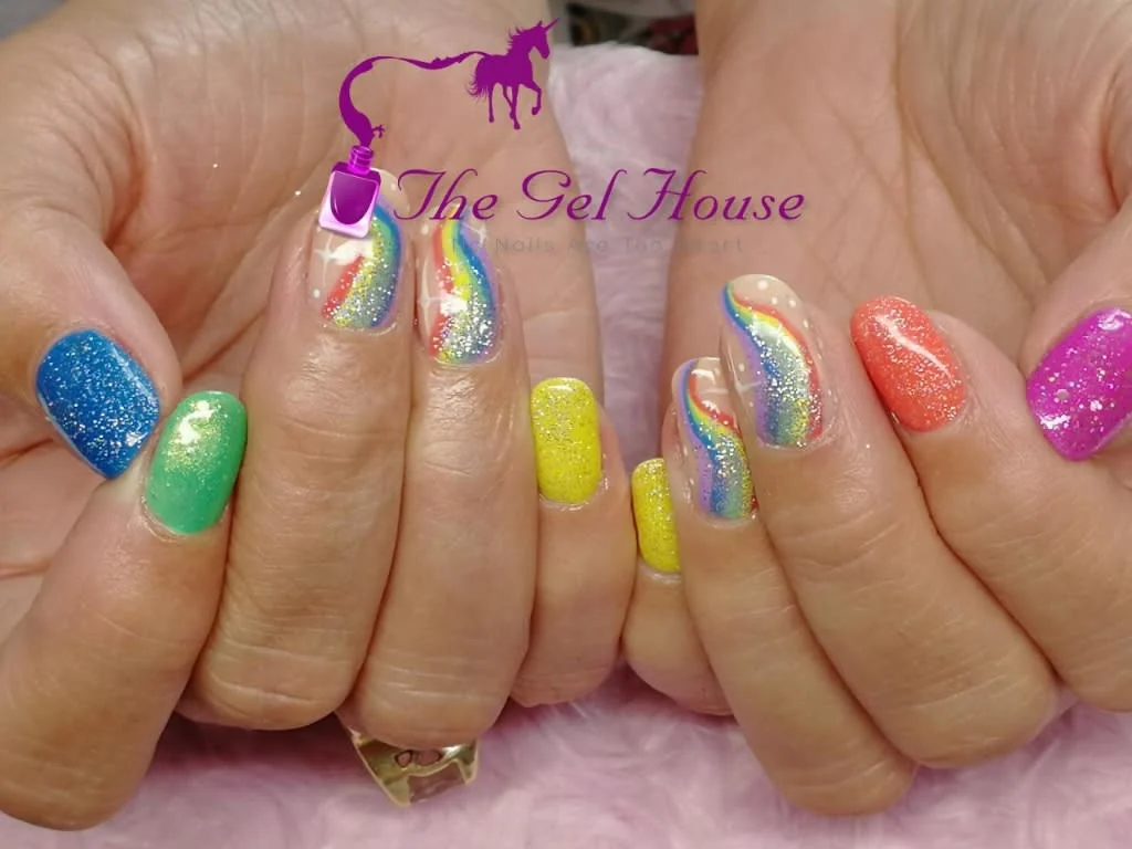 Tammy’s colourful gel nails with rainbow detail and a little sparkle